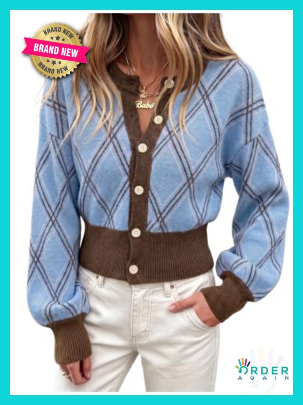 Cropped Argyle Cardigan Sweater Button Down Preppy Long Sleeve